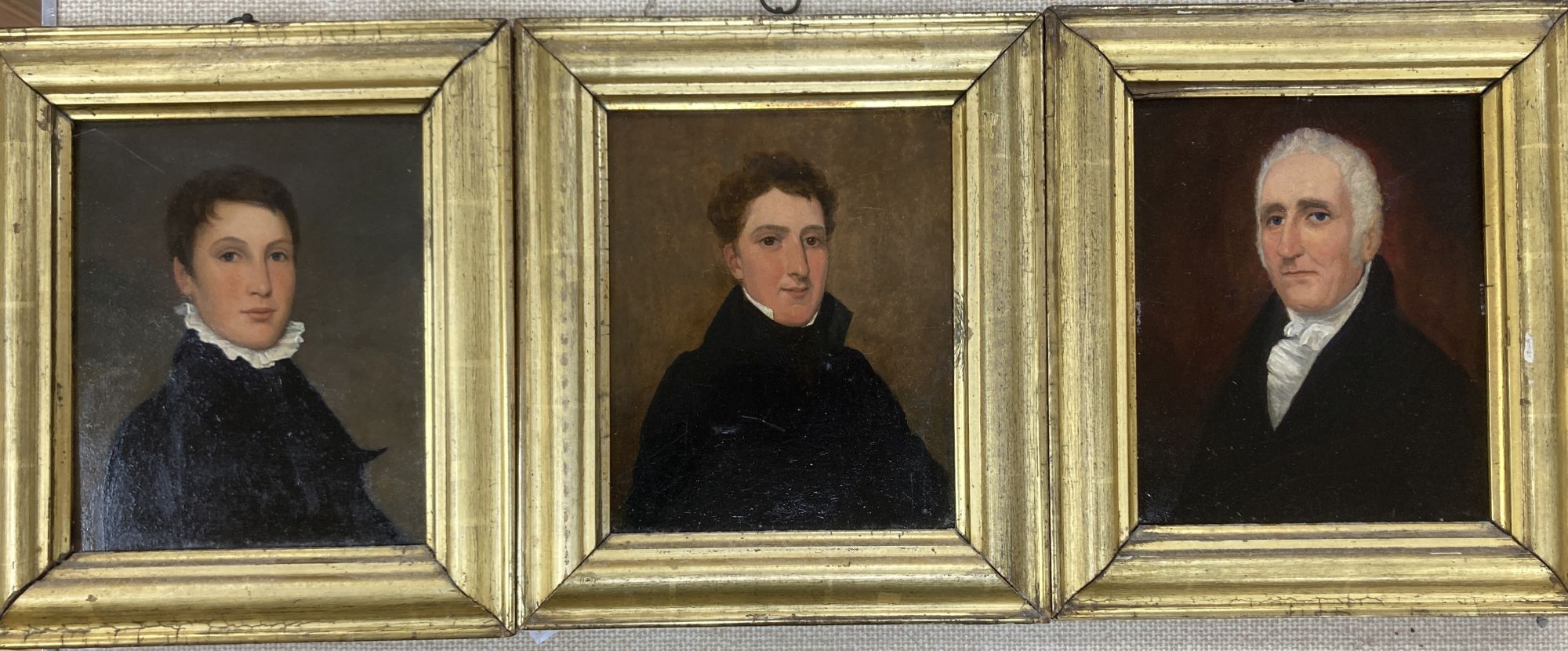 Early 19th century English School, three oils on artist board, Portraits of gentleman, 20 x 16.5cm
